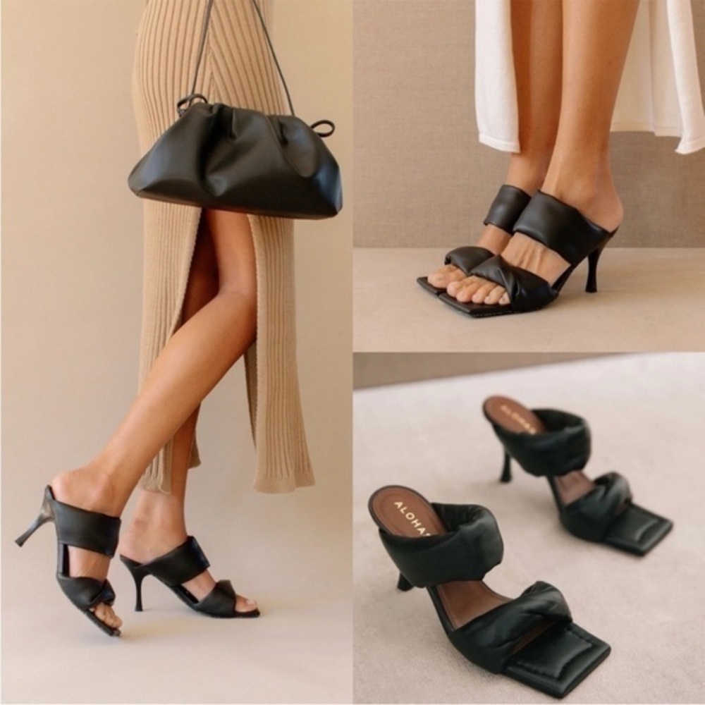 ALOHAS Black Leather Square Toe Twist Strap Mule Heels Size 37 EUor 6.5 US
